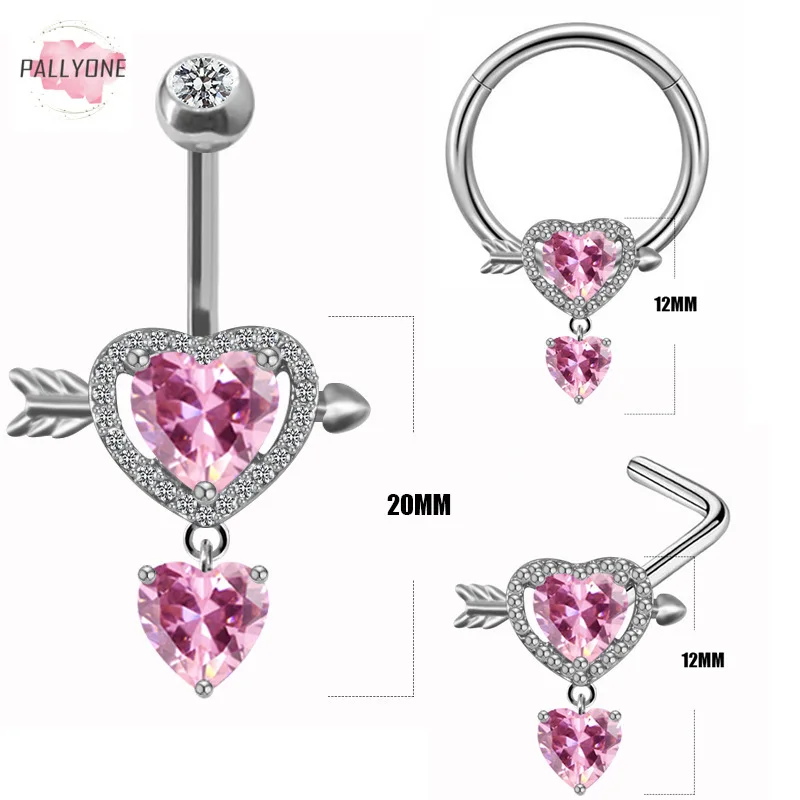 

Surgical Steel Crystal Zircon Heart Pendant Body Jewelry for Women Pink Piercing Jewelry Nose Ring Set Tragus Belly Piercing