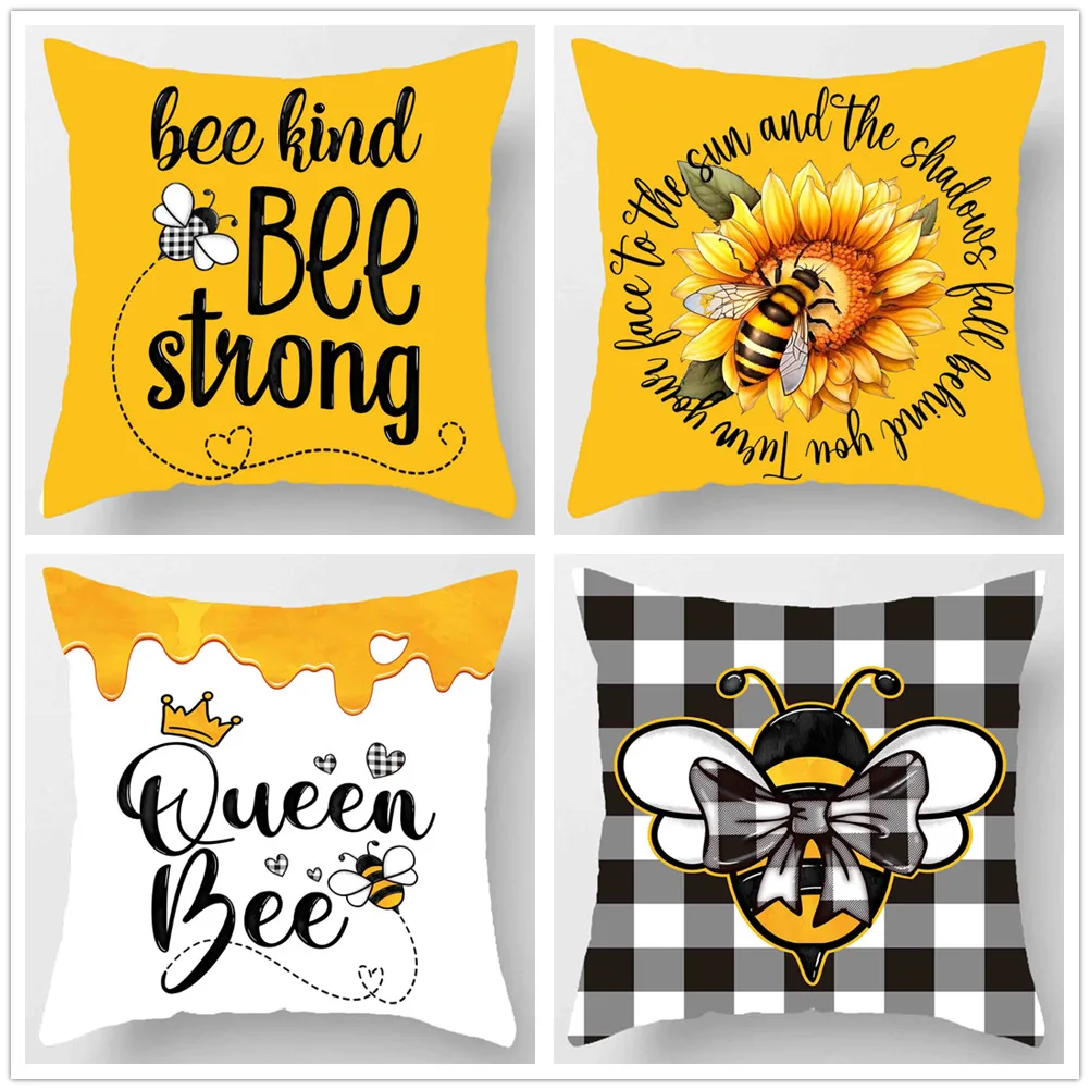 Cushion set 45X45cm, pillowcase set Yellow bee section soft velvet double-sided print pillow cover, home sofa decoration decorat