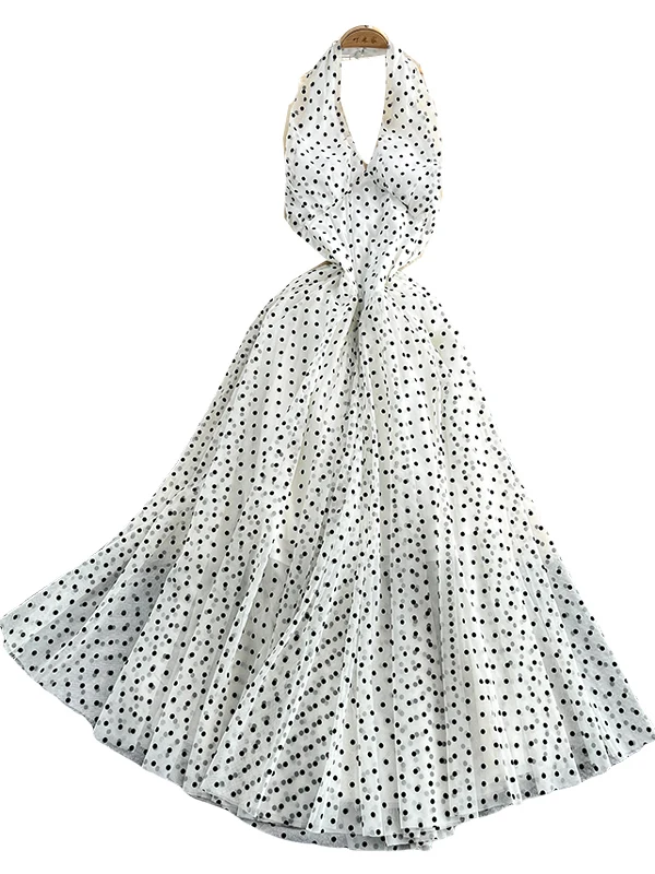 فستان صيفي 2025 على الطراز الكوري برقبة على شكل V وحمالات رقبة منقطة للنساء مع بطانة صدر وظهر مكشوف وخصر نحيف وتنورة متوسطة ا...