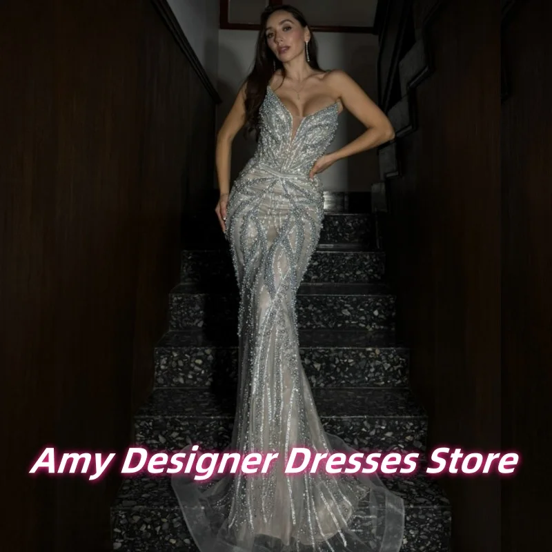 

Elegant Silver Peals Beaded Sequin Mermaid Evening Dresses For Arabic Women Luxurious Wedding Party Dress Prom Gowns Customized