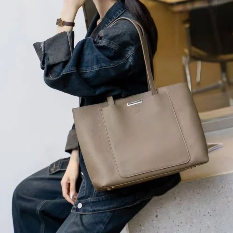 

100% Genuine Leather Women's Commuter Tote Bag Large Capacity Simple Fashion Cowhide Women Shoulder Bag Female Storage Handbags