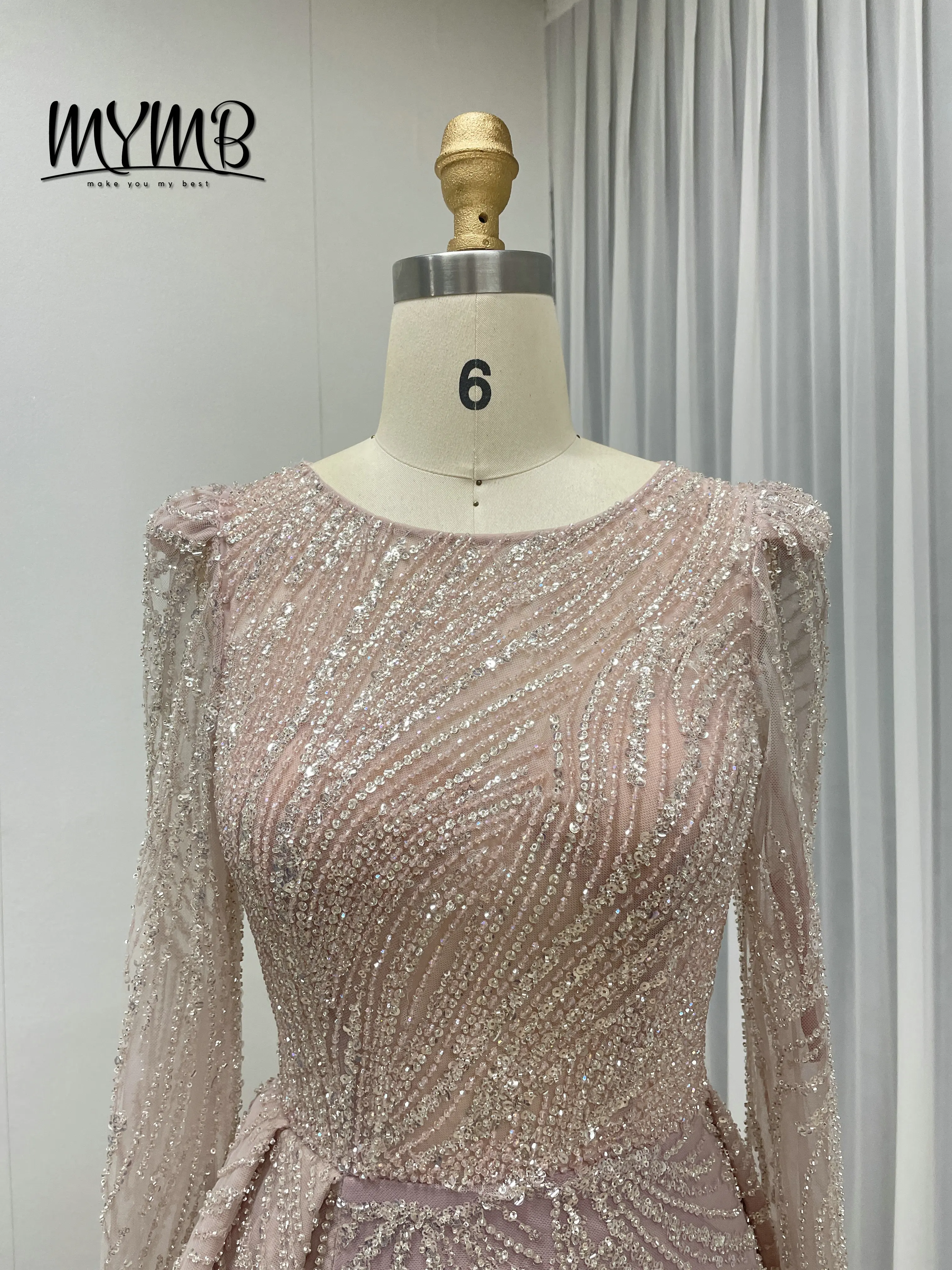 MYMB Glamorous Newest Design Hot Selling Middle Slit Long See Through Sleeve Embellished With Exquisite Bead Embroidery MB40324