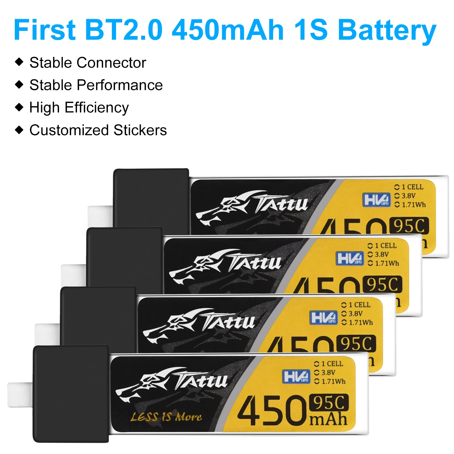 4PCS TATTU 95C HV 450mAh LiPo Battery 3.8V 1S Battery BT2.0 Plug For Betafpv Air75 Meteor75 Pro RC Quadcopter FPV Racing Drone