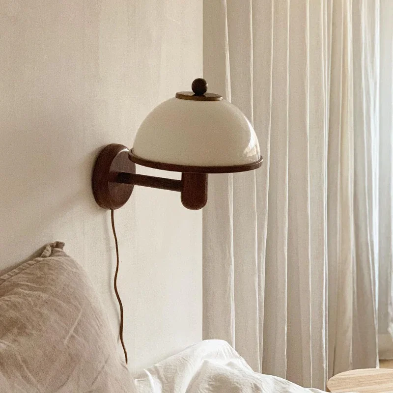 Nordic Retro Mushroom Wall Lamp External Wire Plug Wood Acrylic Lampshade Light Bedroom Living Room Corridor Decorative Sconce