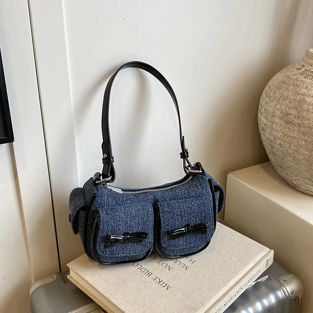

Vintage Denim Shoulder Bag Patchwork Hand Tote Color Block Purse Classic Design Casual Style Pack Women Daily Commute Use Bag