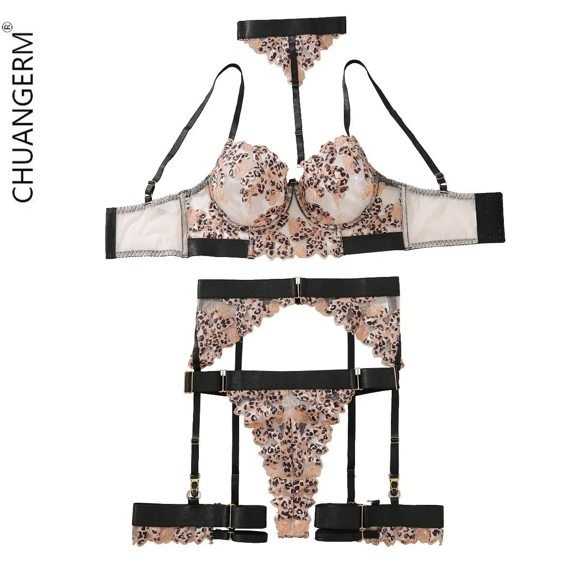 CHUANGERM Erotic Lingerie Hot Leopard Print Neck-hanging Underwear Panty Garter Set See-through Mesh Onlyfans Hot Set Breathable