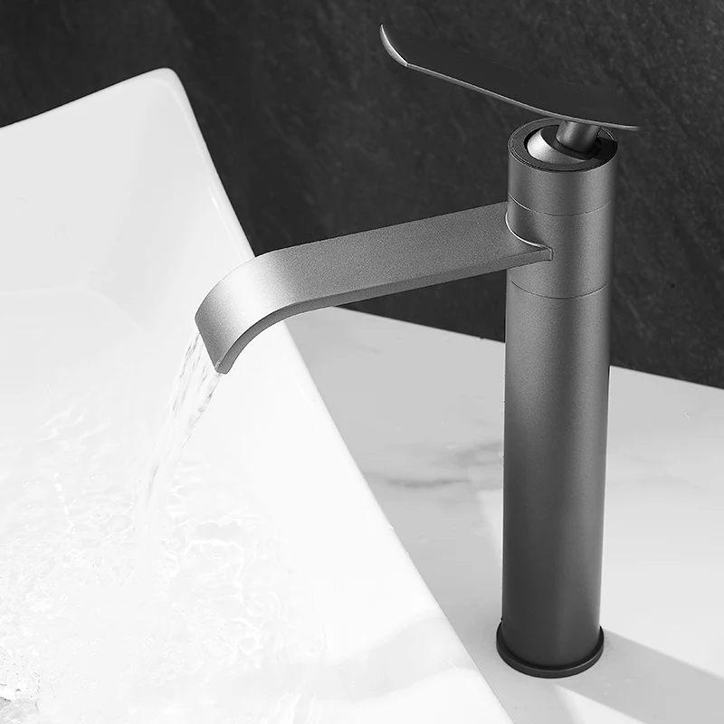 

Gun gray wash basin, faucet, washbasin, basin on the table, bathroom, black waterfall, all-copper washbasin, faucet hot and cold