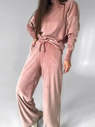 Women Fleece Tracksuit Winter Autumn Sport Suit Casual Turtleneck Tops Loose Wide Leg Pants Thick Warm 2 Piece Sets Womens 2024