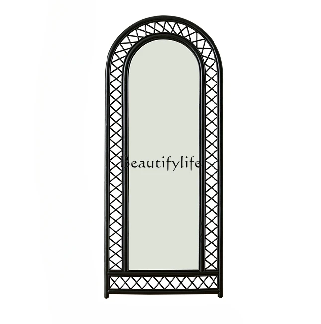 French Retro Bedroom Rattan Full-Length Mirror Dressing Mirror Cloakroom Wall-Mounted Floor Mirror Half-Length