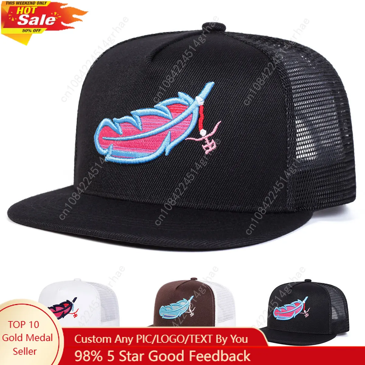 Unisex Colorful Feather Embroidery Hip-hop Net Hats Spring Summer Outdoor Adjustable Casual Baseball Caps Sunscreen Hat