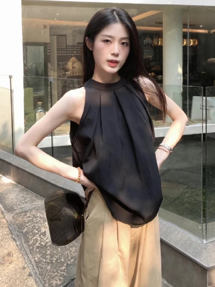 Korean Chic Blouses for Women Halter Sleeveless Solid Color Shirts 2024 Blusas Mujer De Moda Vintage Summer Elegant Blouse Tops