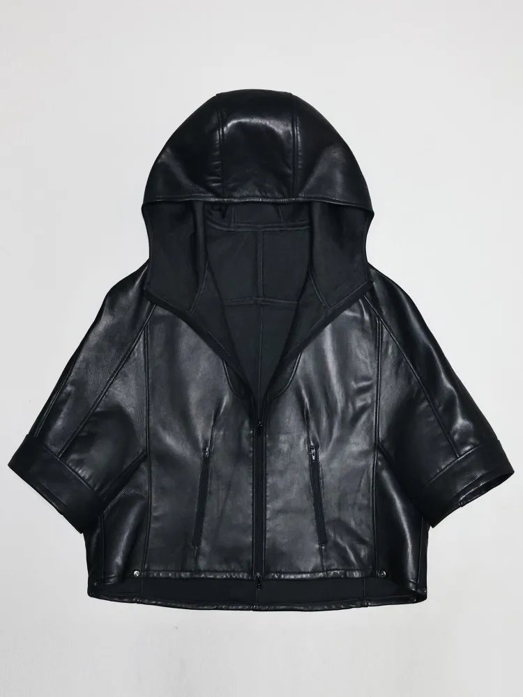 Natural Sheepskin Cape Short Coat Women Loose Fit Batwing Sleeve Casual Genuine Leather Hooded Jacket Female Black Outerwear New