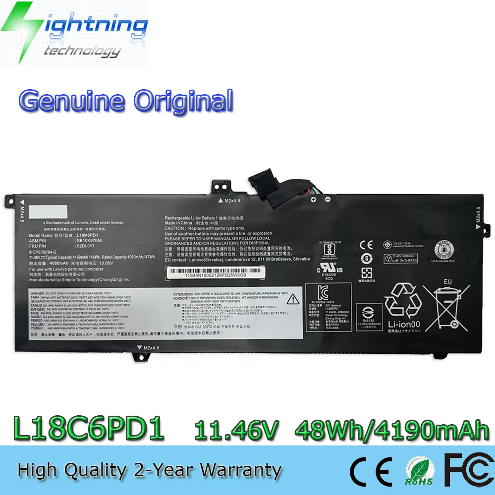 

Original Genuine L18M6PD1 L18C6PD1 L18D6PD1 L18L6PD1 11.46V 48Wh Laptop Battery for Lenovo ThinkPad X13 X390 X395 SB10K97655