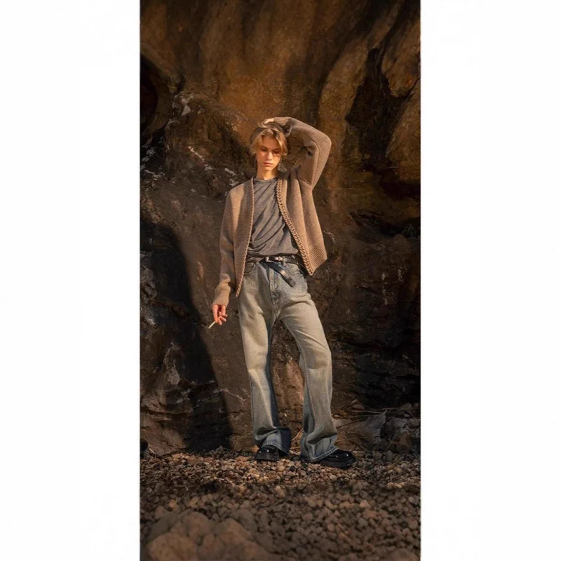 2025 الربيع والخريف جديد بلون الخامس الرقبة سترة مشغولة من الصوف الرجال موضة عادية معطف شتاء #3