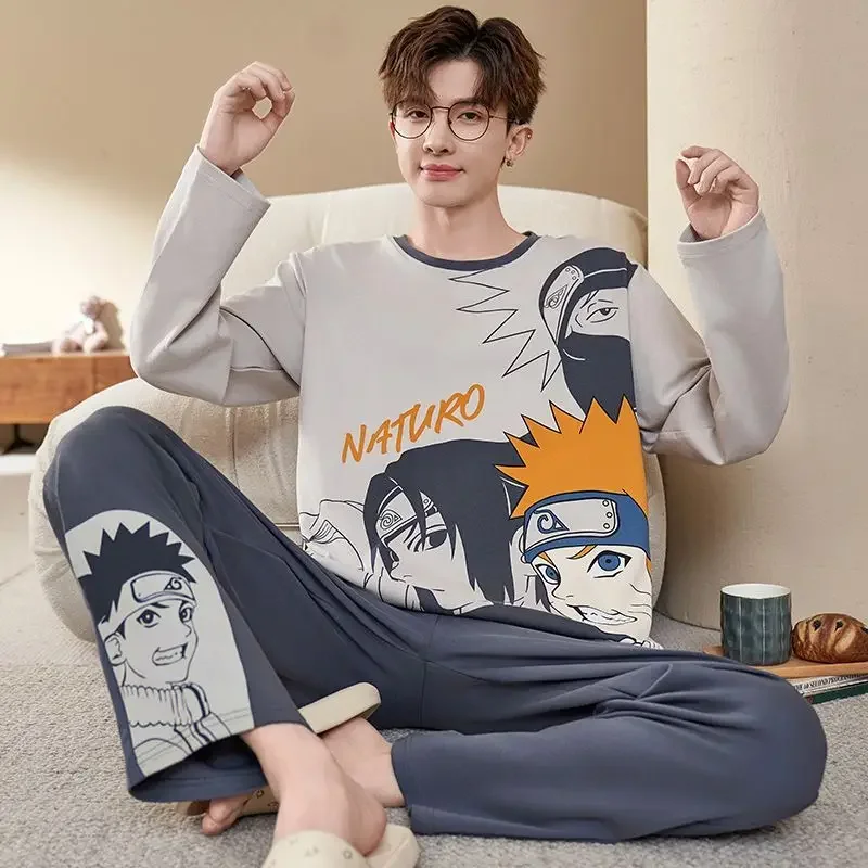 Cartoon Anime One Piece luffy Conan Naruto Pajamas Cotton Men's Home Clothes Set Youth Boys Long Sleeve Pants Set Christmas Gift