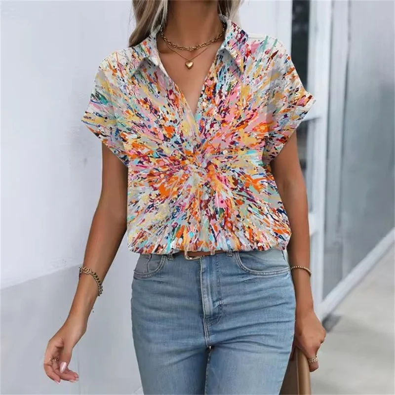 Artistic Women\'s Summer Clothes Blouse Tops Splashing Ink Pattern Print Womens Shirt Short Sleeve Button Shirts Blouses Top Lady