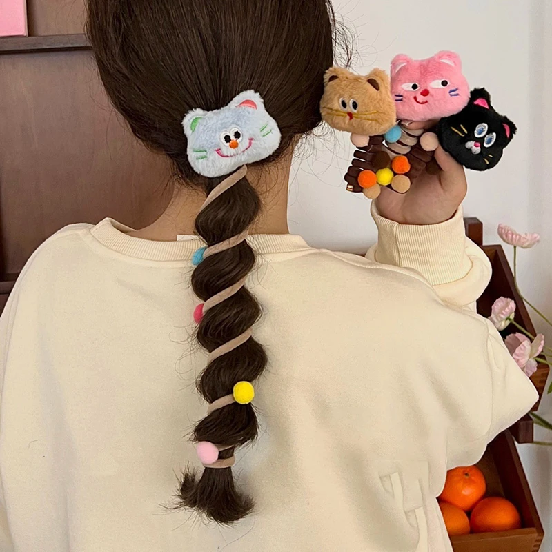 New Cute Plush Doll Kitten Spiral Hair Ties Ponytail Hair Braiding Rope Creative Telephone Wire Elastic Hair Bands