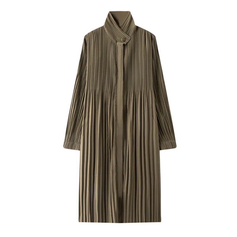 Black Pleated Stand Collar Longline Coat, Lightweight Wrinkle-Resistant Women's Casual Daily Office Commute Travel Outerwear