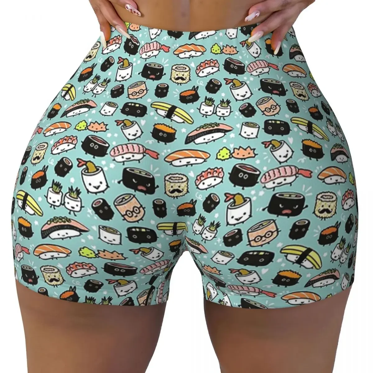 Custom Cute Sushi Pattern Kawaii Sushi Characters Yoga Shorts Women Gym Workout Running Athletic Volleyball Biker Shorts