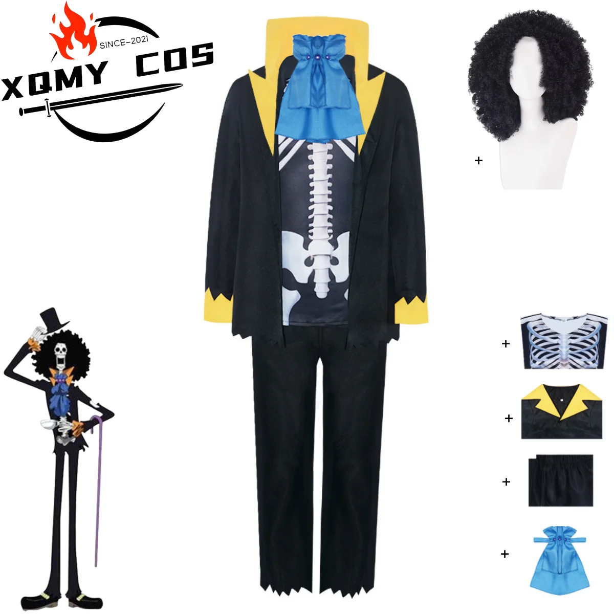 

XQAnime Burukku Cosplay Costume Brook Revive-Revive Fruit Black Skull Print Uniform Full Set Wig Man Halloween Party Suit