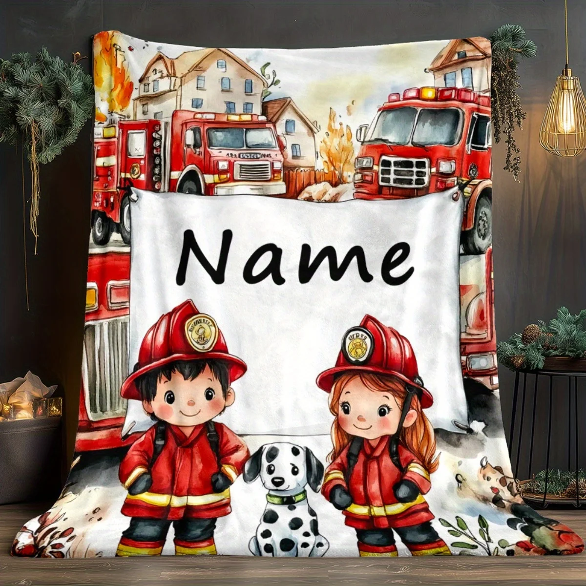 Custom Firefighter Blanket Cartoon Kids Design Personalized Name Fleece Throw All Season Soft Warm Bedding Home Decor Gift
