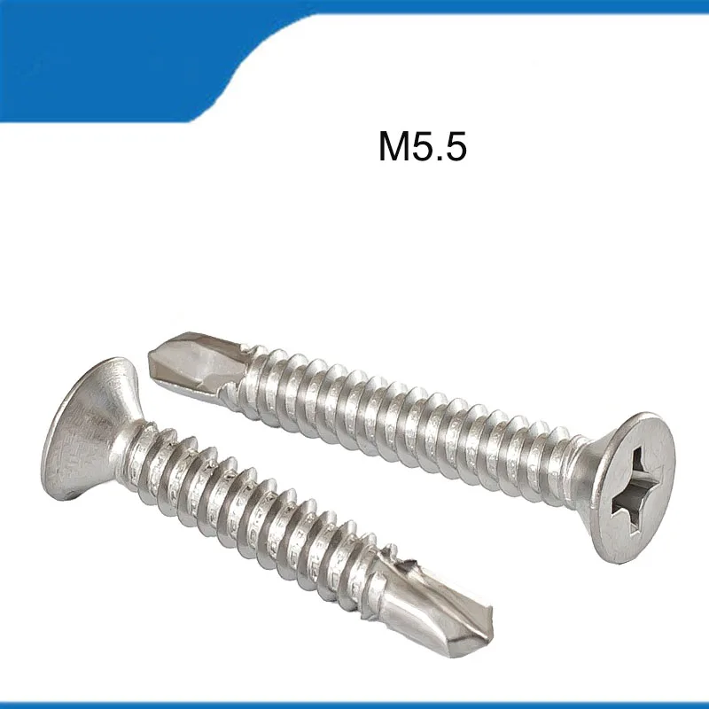 

High Quality 20/50PCS M5.5 304 Stainless Steel Drill Tail Screw Cross Countersunk Head Screw Flat Head Screw Self-tapping Nail