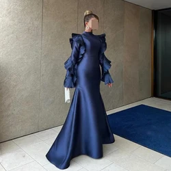 Navy Blue Classic Mermaid Evening Dress High Neck Muslim Long Sleeves with Ruffles Women Floor Length Satin Customized Gowns