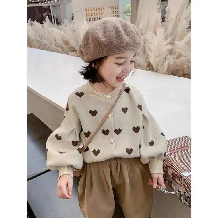 Girls Knitted Cardigan Sweater Spring Autumn Long-sleeved Coat Loose and Fashionable Love Jacquard Design Simple Children's Top