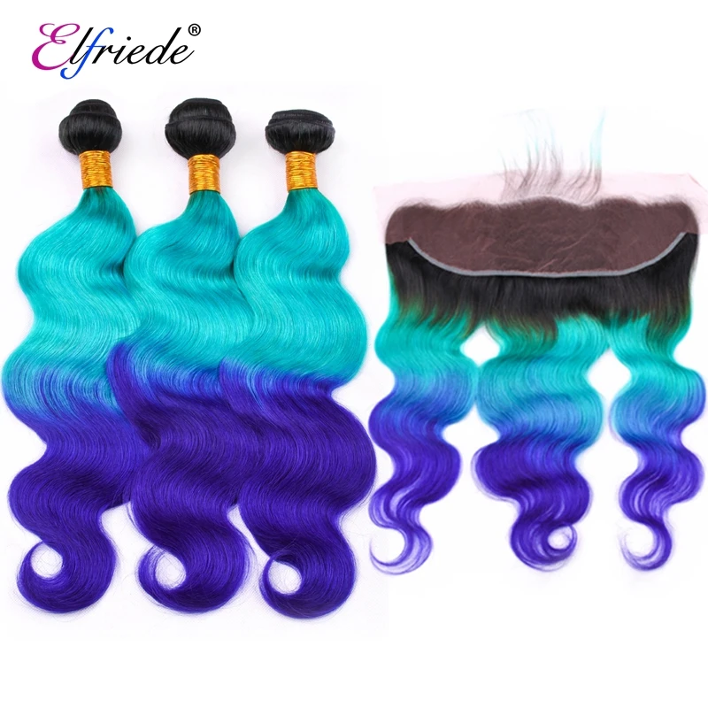 Elfriede Body Wave #1B/Light Blue/Blue Hair Bundles with Frontal 100% Human Hair 3 Bundles with Transparent Lace Frontal 13x4