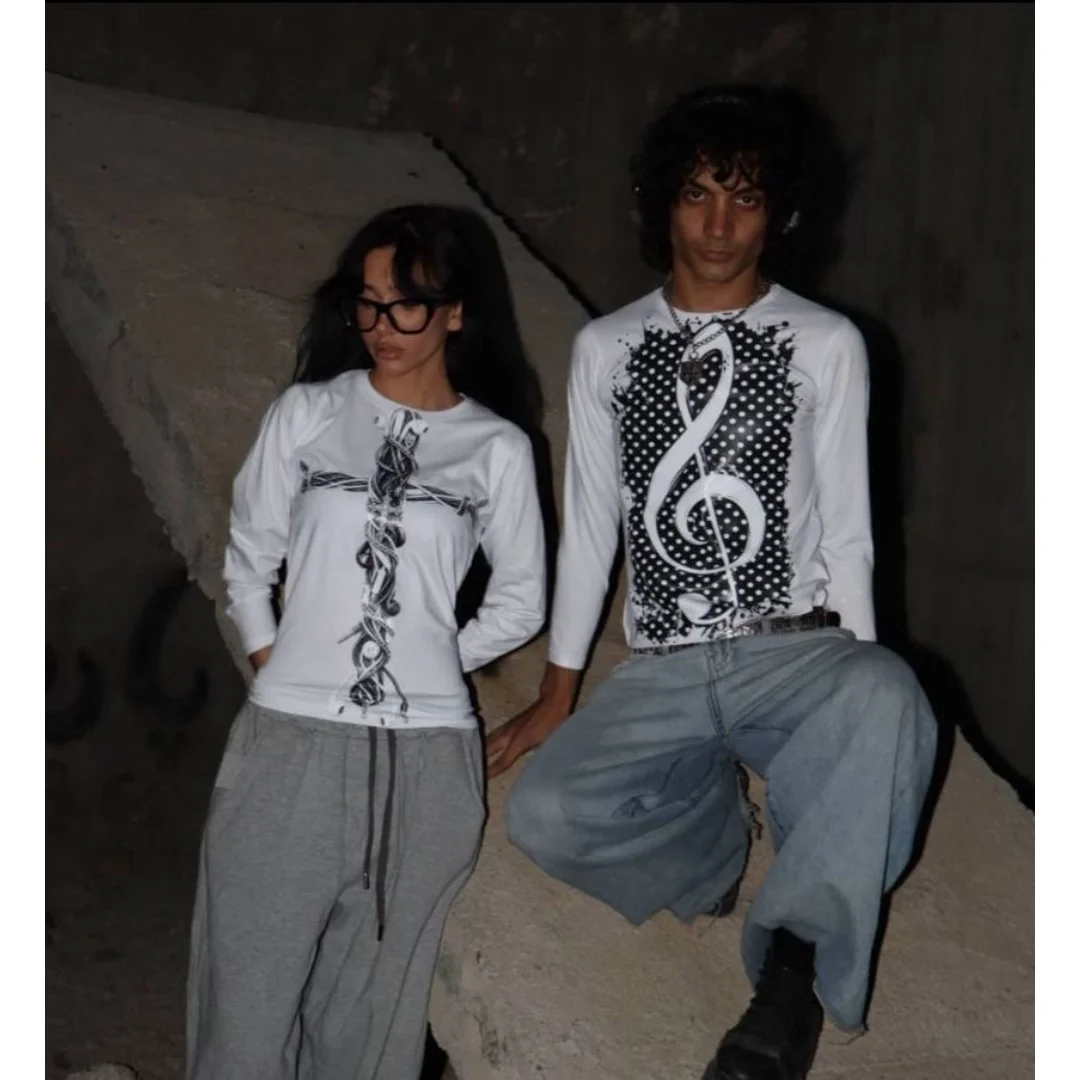 Vine Cross Treble Clef Print White Fitted Long Sleeve T-Shirt Dark Gothic Couple Style Crew Neck Top
