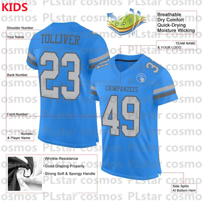 Custom Electric Blue Gray-Steel Gray Mesh Authentic Football Jersey 3D Printed Kids Football Jersey Boys Tops Girl Tees