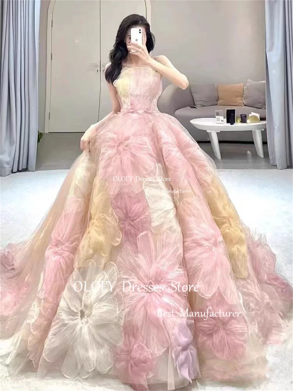 OLOEY Exquisite Floral Prom Dresses Korea Wedding Photoshoot Strapless 3D Flowers Sweep Train Evening Dresses Customized