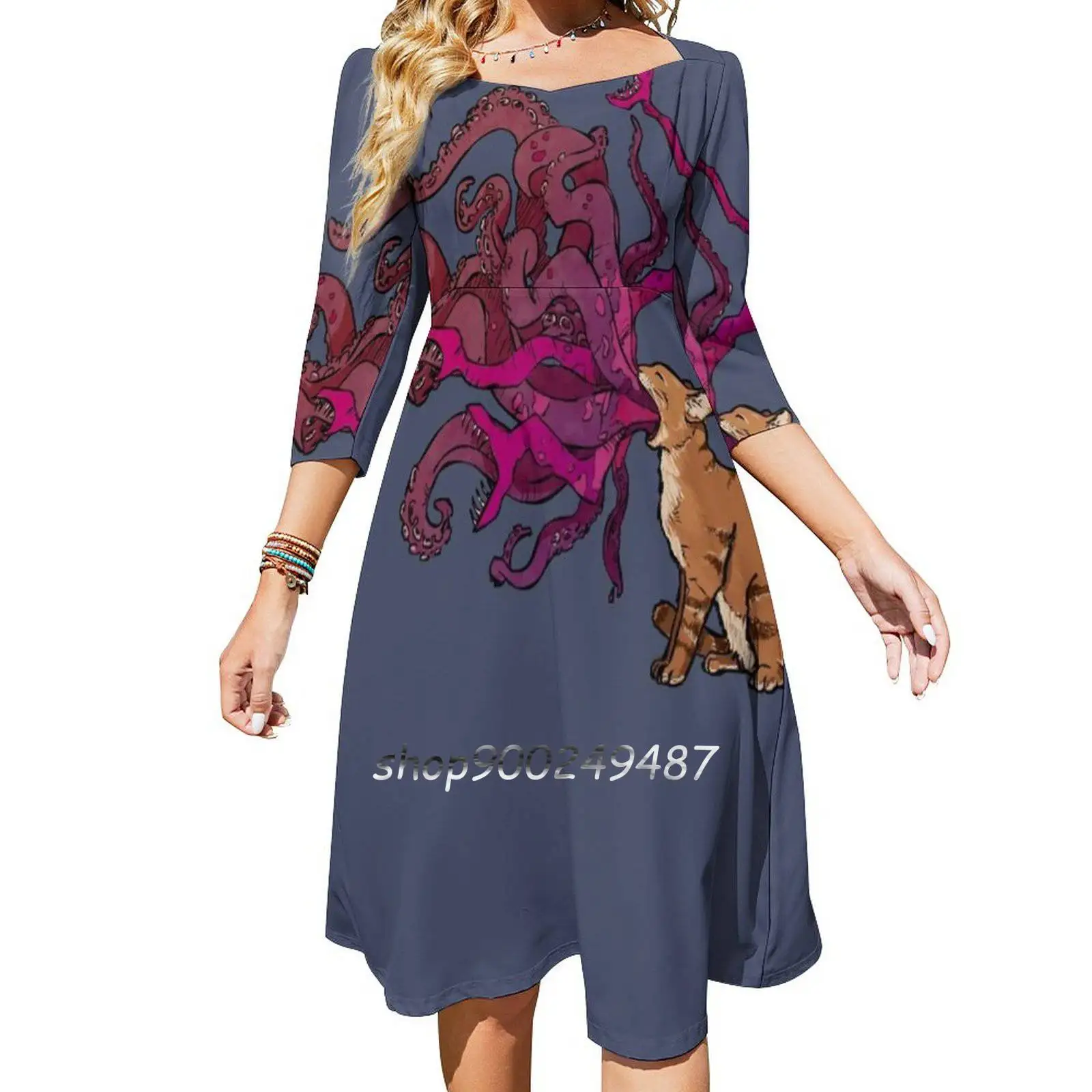 Cthulhu Cat Sweetheart Knot Flared Dress Fashion Design Large Size Loose Dress Flerken Captain Goose Cat Kitty Cthulhu Tentacle