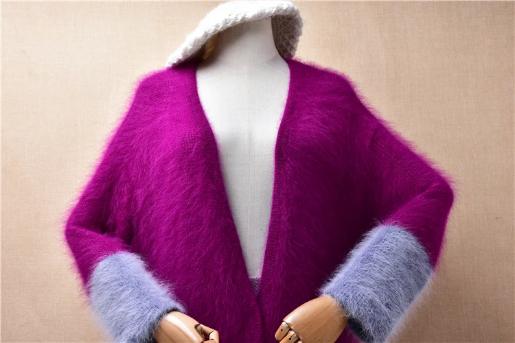 Female Women Fall Winter Colored Purple Hairy Angora Rabbit Hair Knitted Long Sleeves V-Neck Loose Cardigans Jacket Sweater Pull