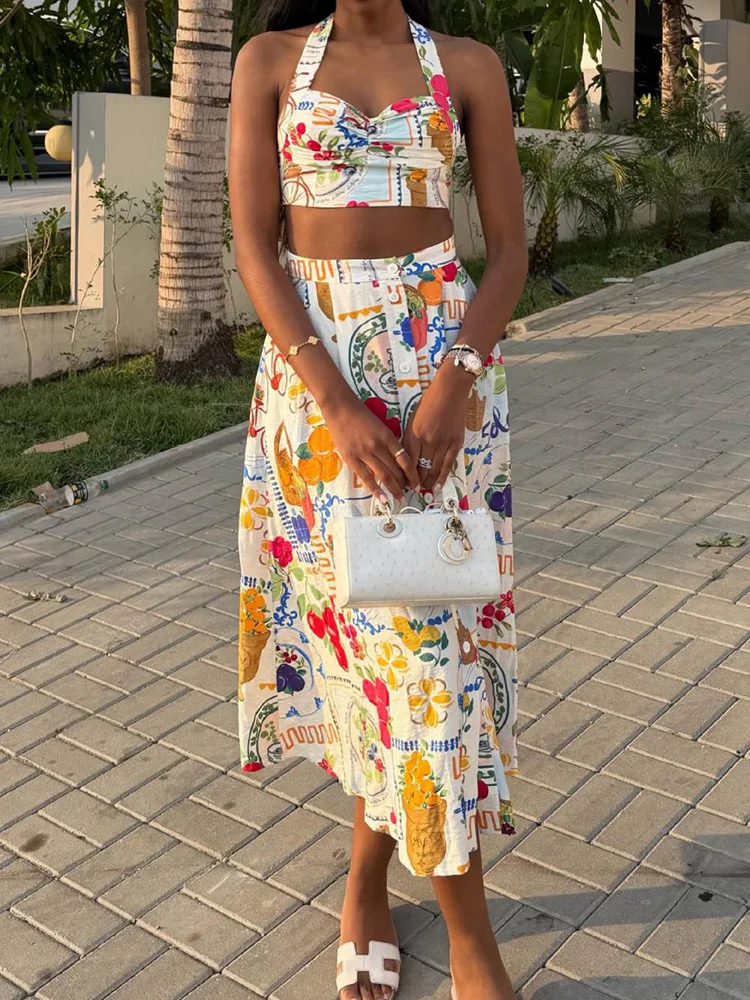 Conjunto de Dos Piezas para Mujer, Top Corto sin Mangas con Cuello Halter y Falda Maxi, Estilo Veraniego, Elegante, Urbano, con Estampado Simple, 2026