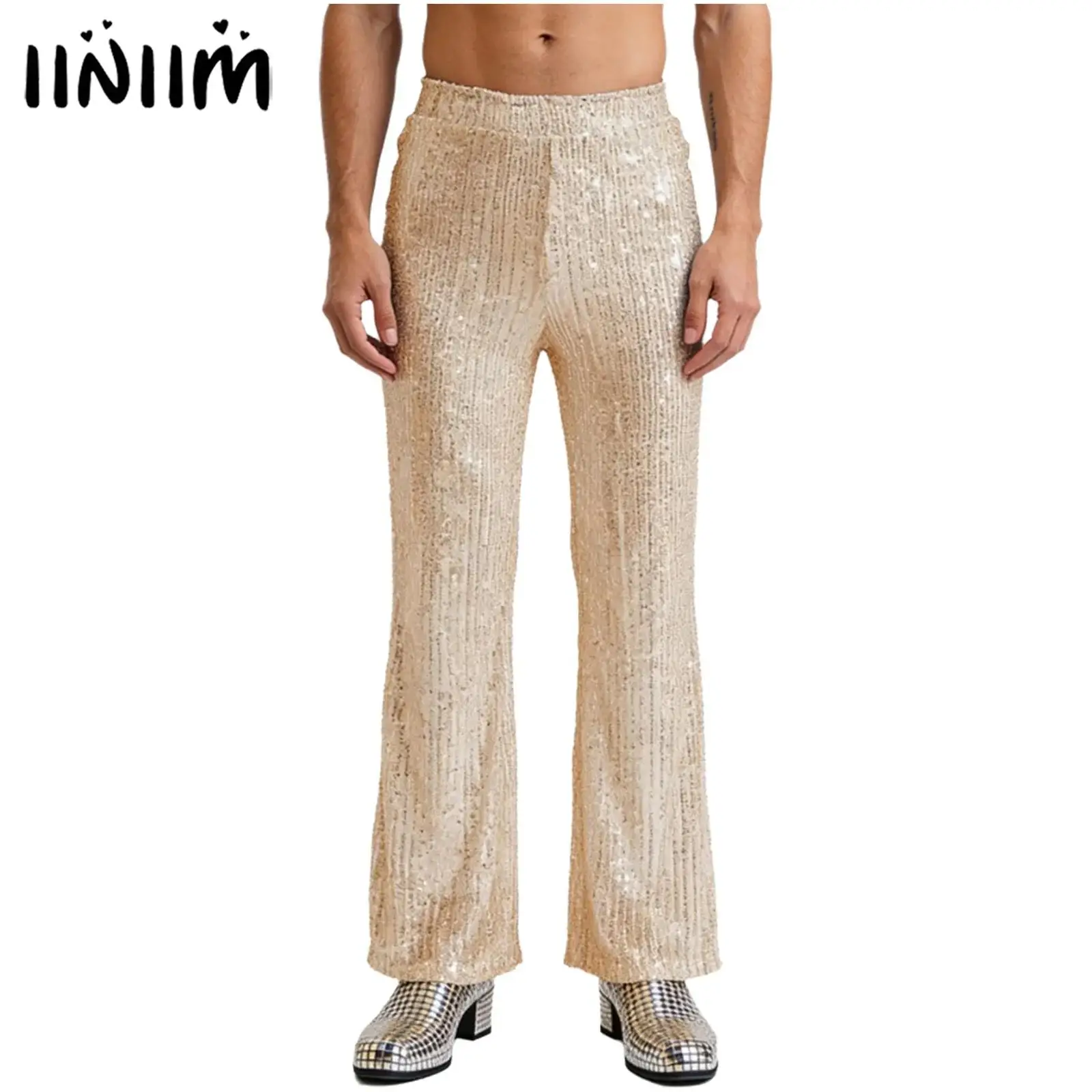

Mens Glittery Sequins Wide Leg Pants Jazz Dance Performance Costume Fully Lining Loose Pants Bling Pants Raves Party Clubwear