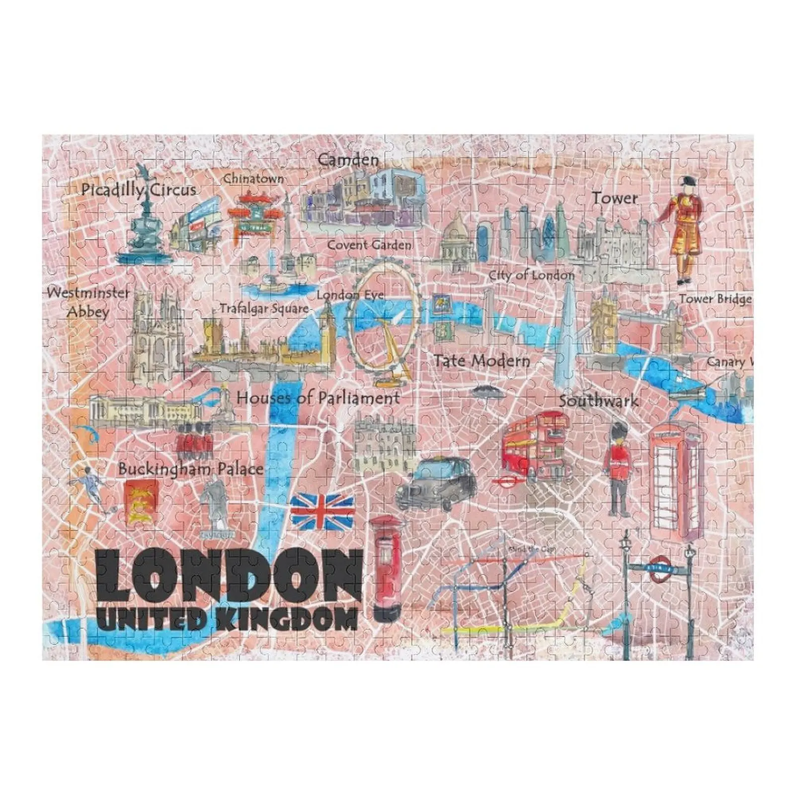 

Иллюстрированная карта Лондона Великобритании с основными дорогами, достопримечательными знаками и достопримечаниями Пазл на заказ Деревянный подарок Диорама Аксессуары Пазл