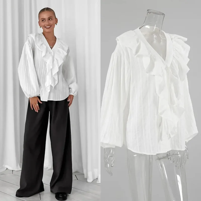 

Minimalist Solid Spliced Ruffles Blouse For Women V Neck Long Sleeve Casual Loose Fit Shirt Female Top New Spring Summer Fashion