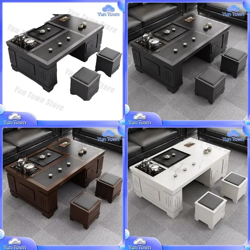 Rock Slab Kung Fu Tea Table for Living Room Home Tea Drinking Coffee Setup with Integrated Kettle for Tea Ceremony and Daily
