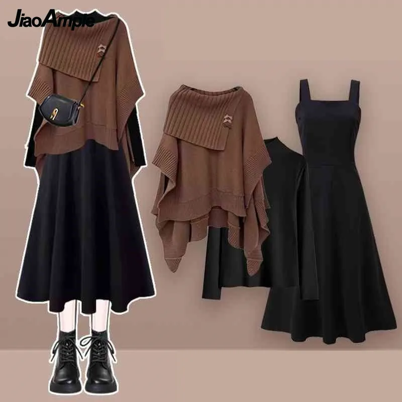 

2024 Autumn/Winter New Korean Elegant Knit Sweater+Bottom Shirt+Strap Skirt 3-Piece Suit Women Vintage Shawl Dress Matching Set