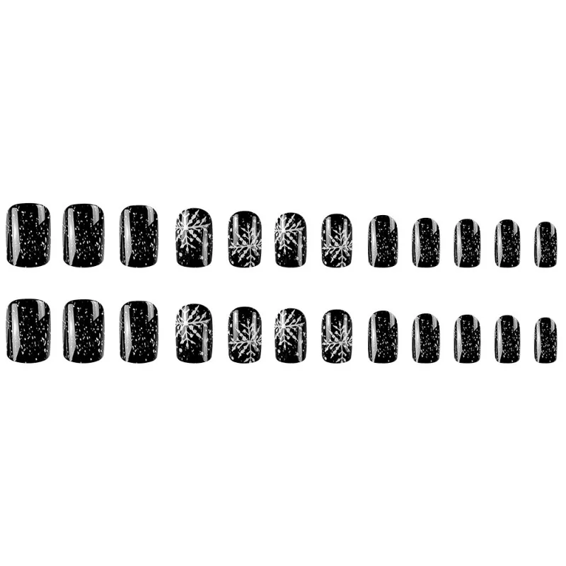 Pressione em acrílico unhas falsas com cola, simples unhas falsas, Natal, preto, branco, floco de neve, curto, quadrado médio, barato, 24pcs