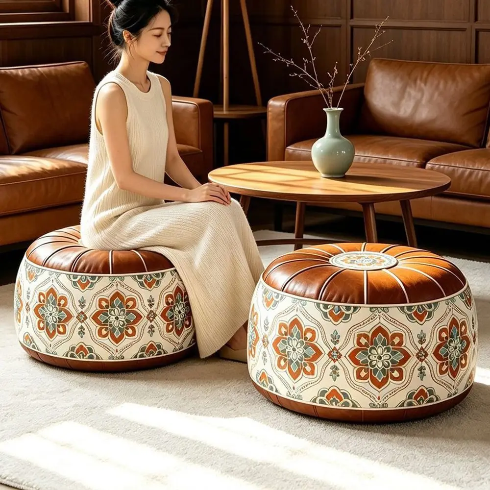 New PU Leather Fillable Ottoman Pouf Round Shape Moroccan Style Round Pouf Cover Embroidered Pattern Storage Ottoman Living Room