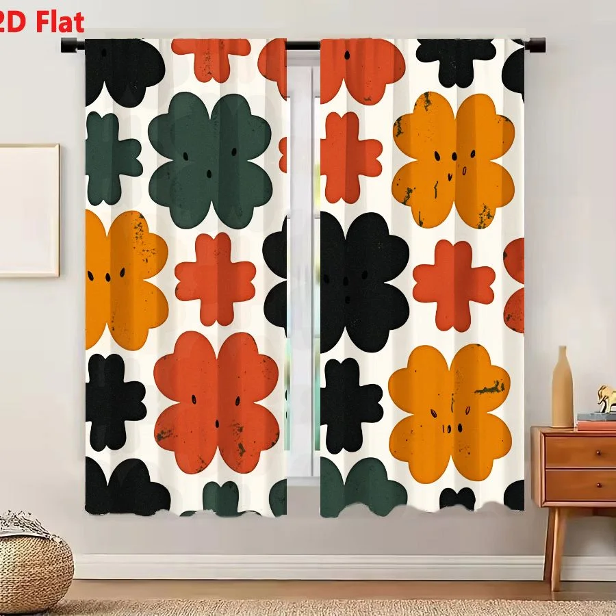 2Pcs Curtains 2D Flat Retro Floral Pattern With Cute Faces In Muted Colors On Off White Background Window Drapes for Bedroom Roo