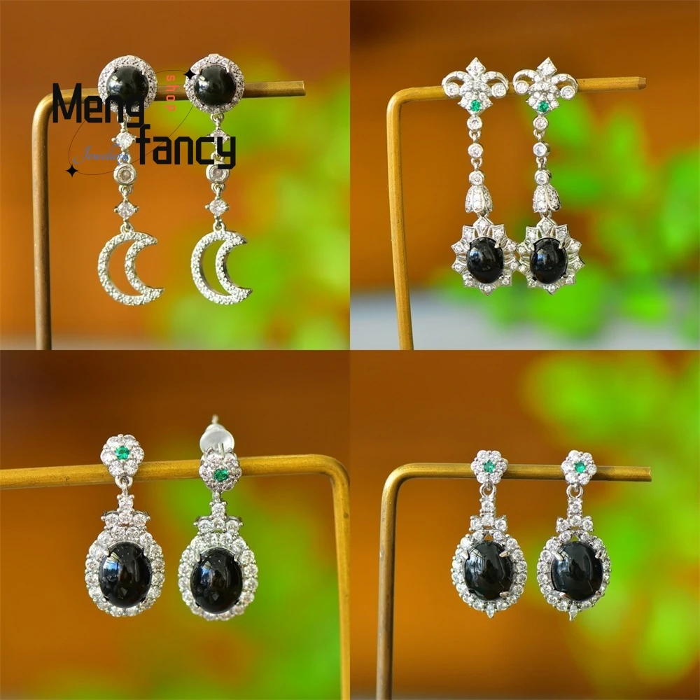 

Copper Inlay Natural Hetian Black Jade Moon Pigeon Egg Water Droplet Earrings Exquisite Fashion Jewelry Popular Holiday Gifts