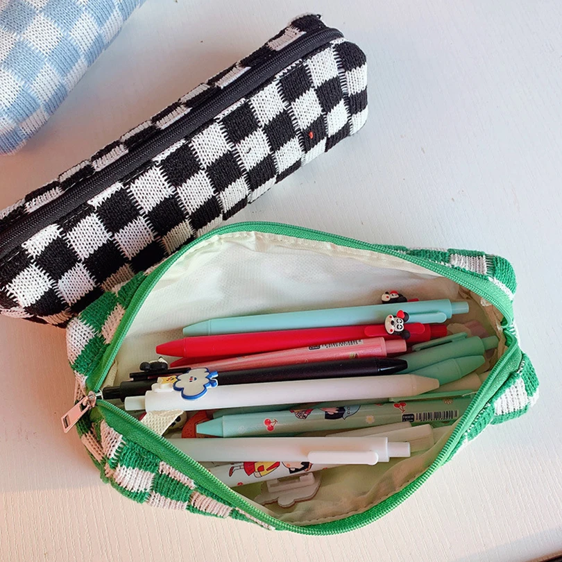 Pencil Cases For Girls Trousse Scolaire Pencil Pouch Korean Stationery Checkerboard Pen Case Knitting Estuche Escolar Pencilcase