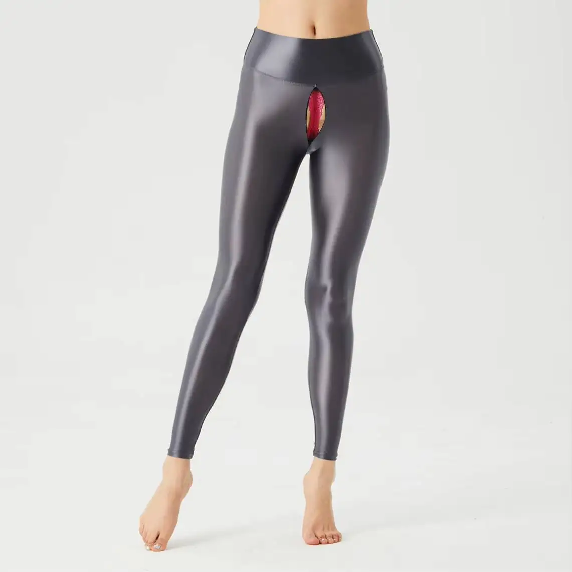 

Zipper Crotch Summer Glossy See Through Yoga Pants High Waist Sexy Leggings Tight Satin Trousers Women