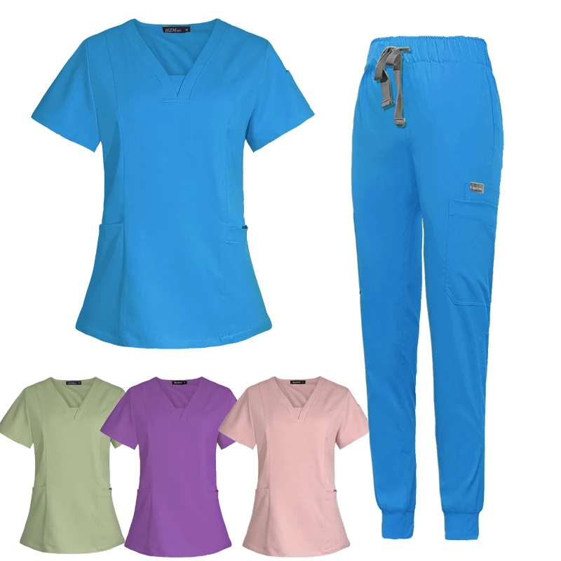 Mulheres Conjunto de Esfoliante Cirúrgico, Uniformes de Enfermeira, Salão de Beleza Workwear, Top Clínica e Calça, Spa Médico Enfermagem Túnica Terno