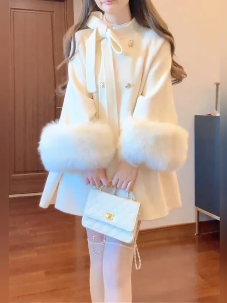 Large Size White Woolen Coat Women's Autumn Winter High-End Feeling Medium Length Cloak Coat Korean Style Commute  Knot