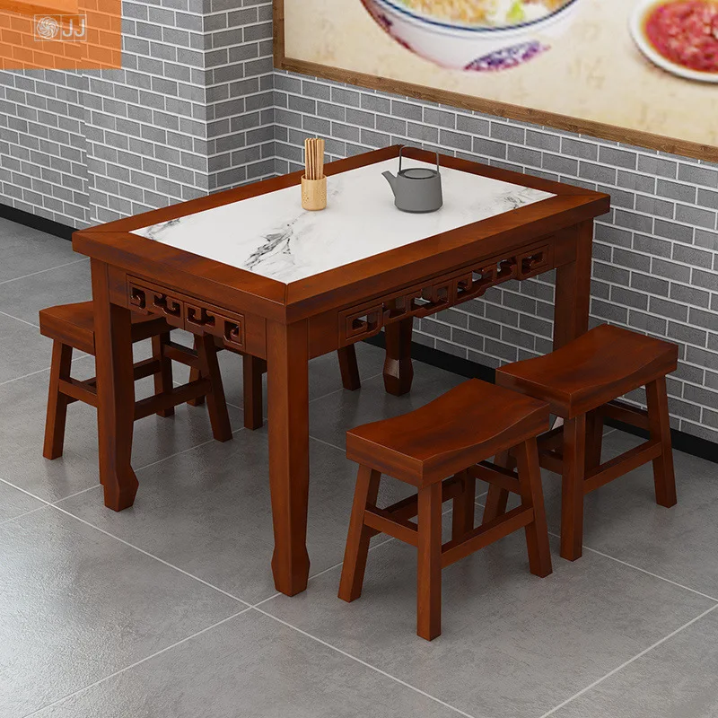 Solid wood Chinese hotel dining table table and chairs Noodle restaurant combination snack bar antique carved breakfast