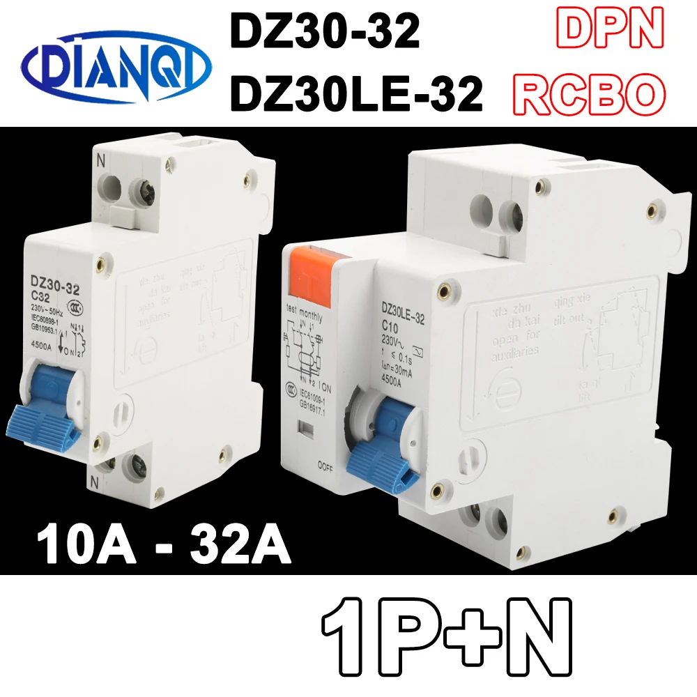 1PC DZ30-32 DPN 1P+N Mini Circuit Breaker 6A10A16A20A25A32A Din Rail Mounting Miniature Household Air Switch DZ30LE-32 RCBO